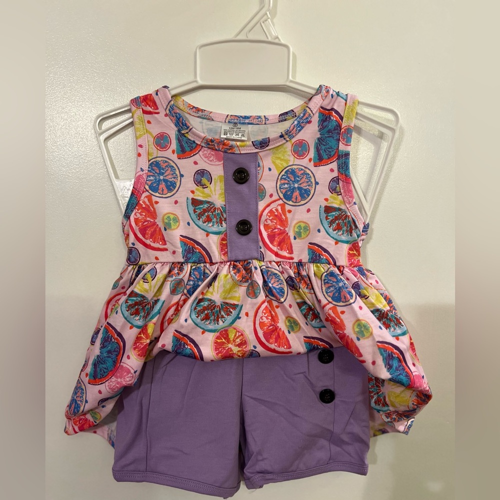 Colorful Fruit Print Shirt with Purple Shorts